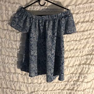 off the shoulder blue and white blouse
